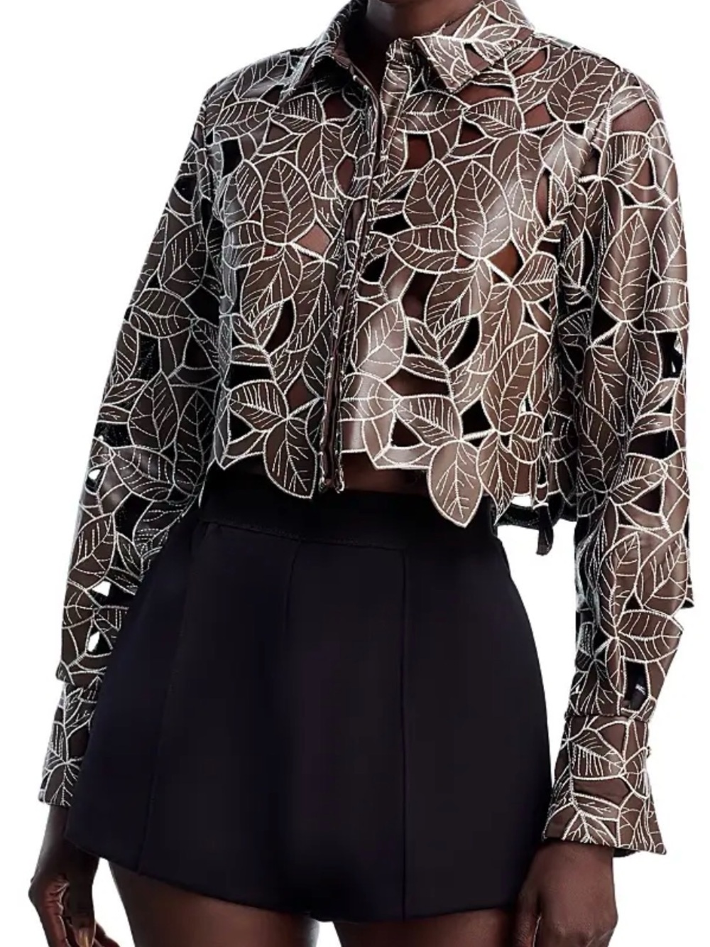 Cropped Button-Front Leaf-Print Shirt Jacket in Taupe and White